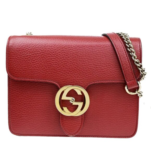 GUCCI Logo Interlocking G Chain Mini Shoulder Bag Leather Red GHW Italy 14YH072 - Picture 1 of 16